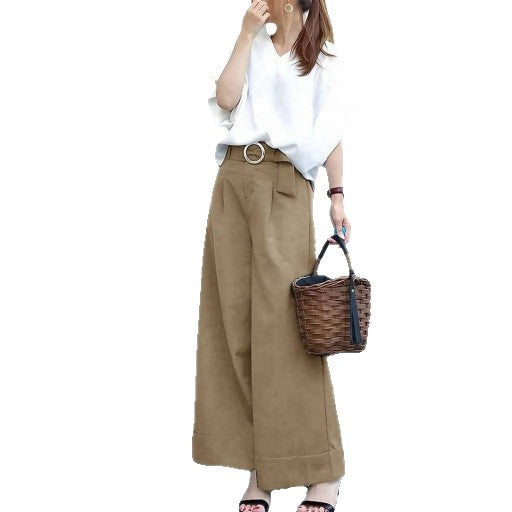 Two-piece set of wide-leg trousers with a belt
