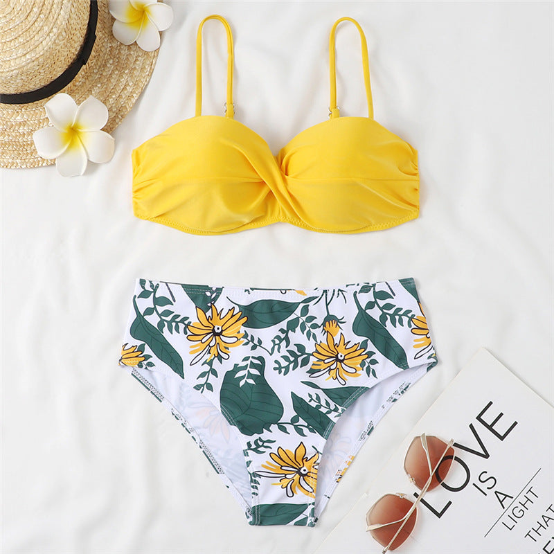 Women's High Waist Bikini Swimsuit with Steel Bracket - Sexy Leopard Print & Floral Design