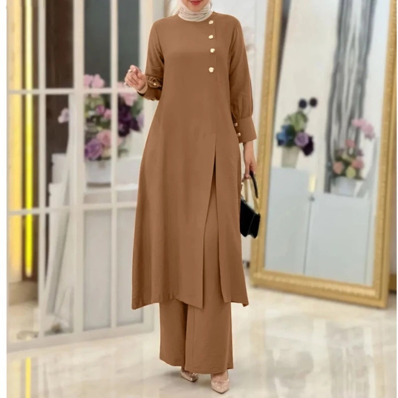 Women's Two-Piece Elegant Long Shirt Wide Leg Pants Set