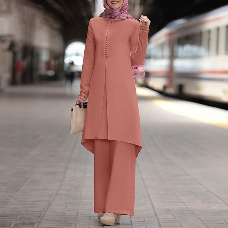 Lace long-sleeved top with wide-leg pants set