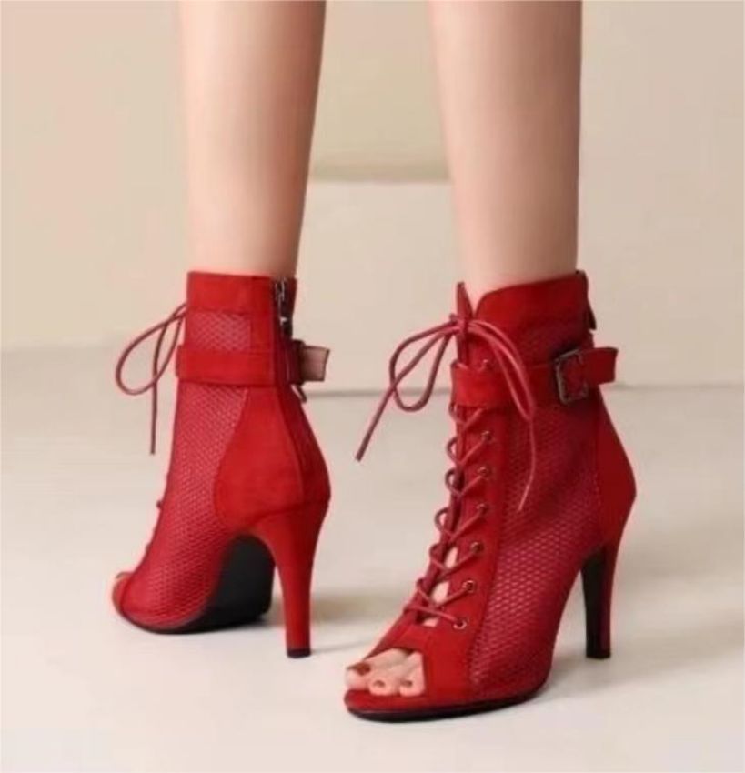 Fashion Fish Mouth Hollow Mesh Cross Lace Buckle High Heel Dance Shoes