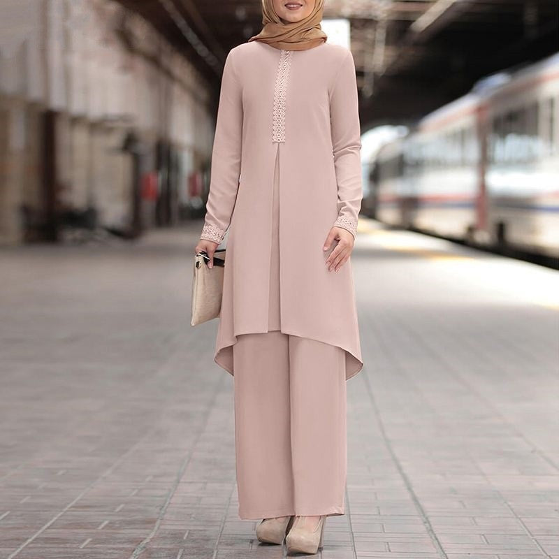 Lace long-sleeved top with wide-leg pants set