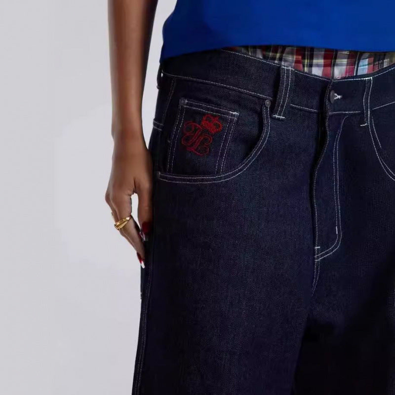 Printed offset direct-woven women's straight-leg denim pants