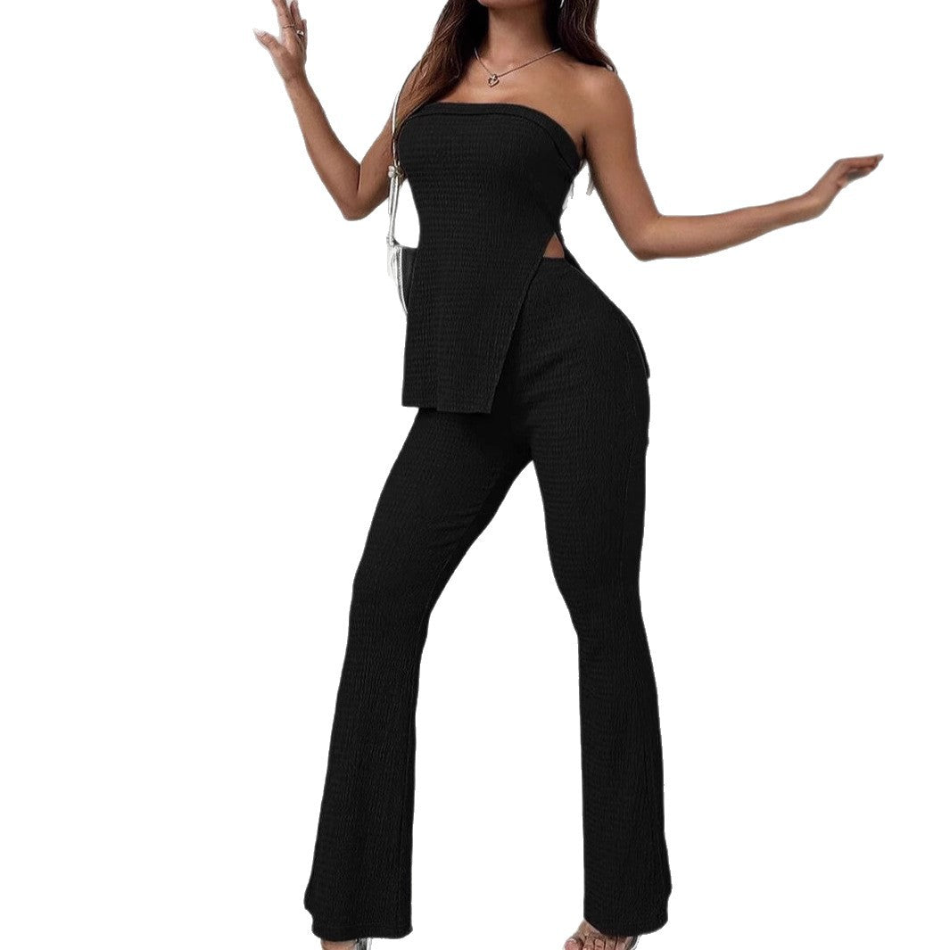 Ribboned top and wide-leg pants set