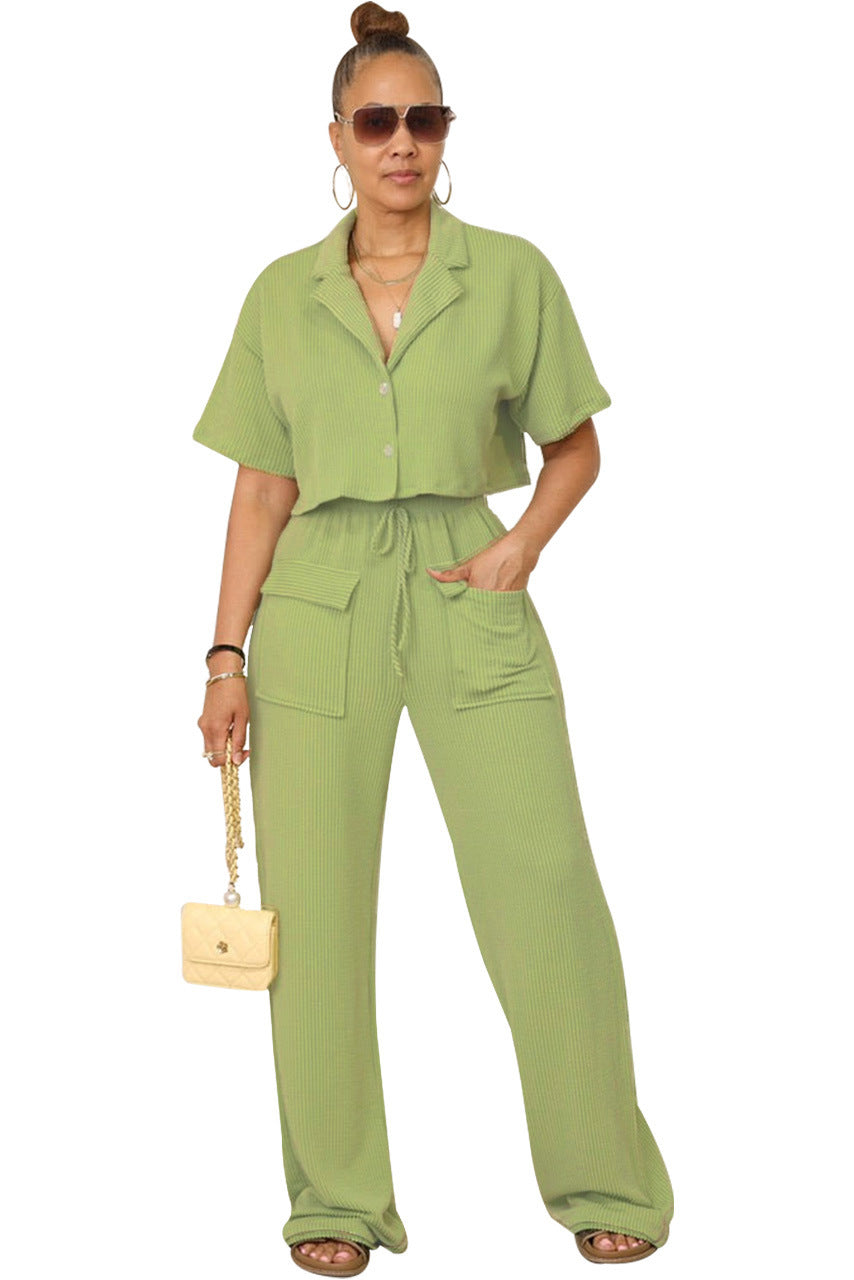 Shirt collar top, long casual wide-leg pants set