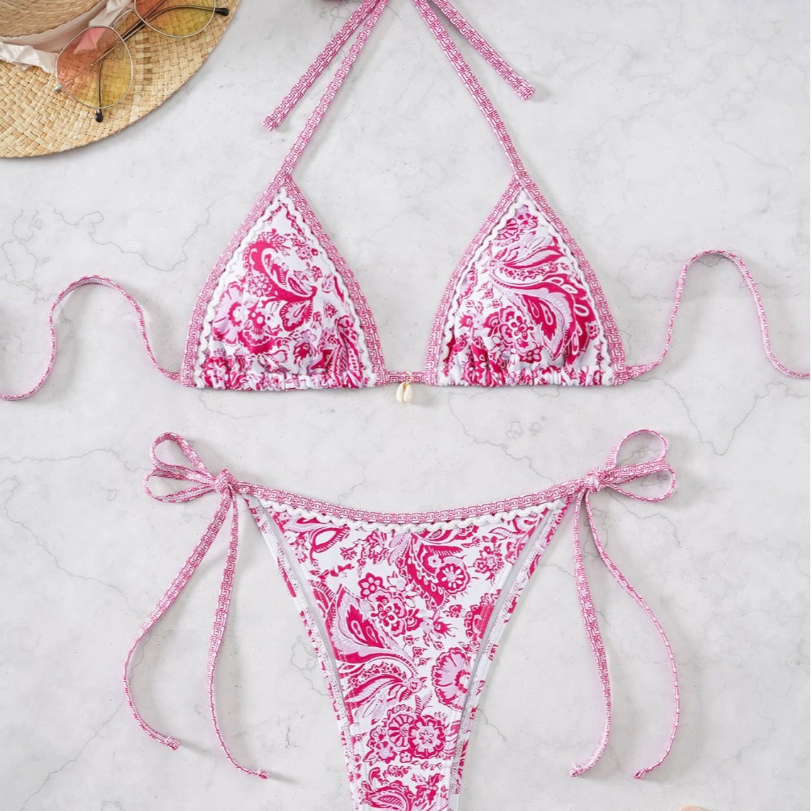 Contrasting-color printed lace-up sexy two-piece swimsuit