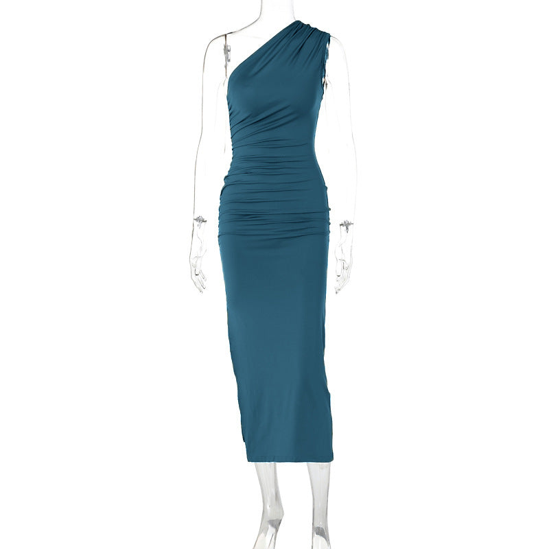 Slightly-sloped shoulder solid-color slit sleeveless dress