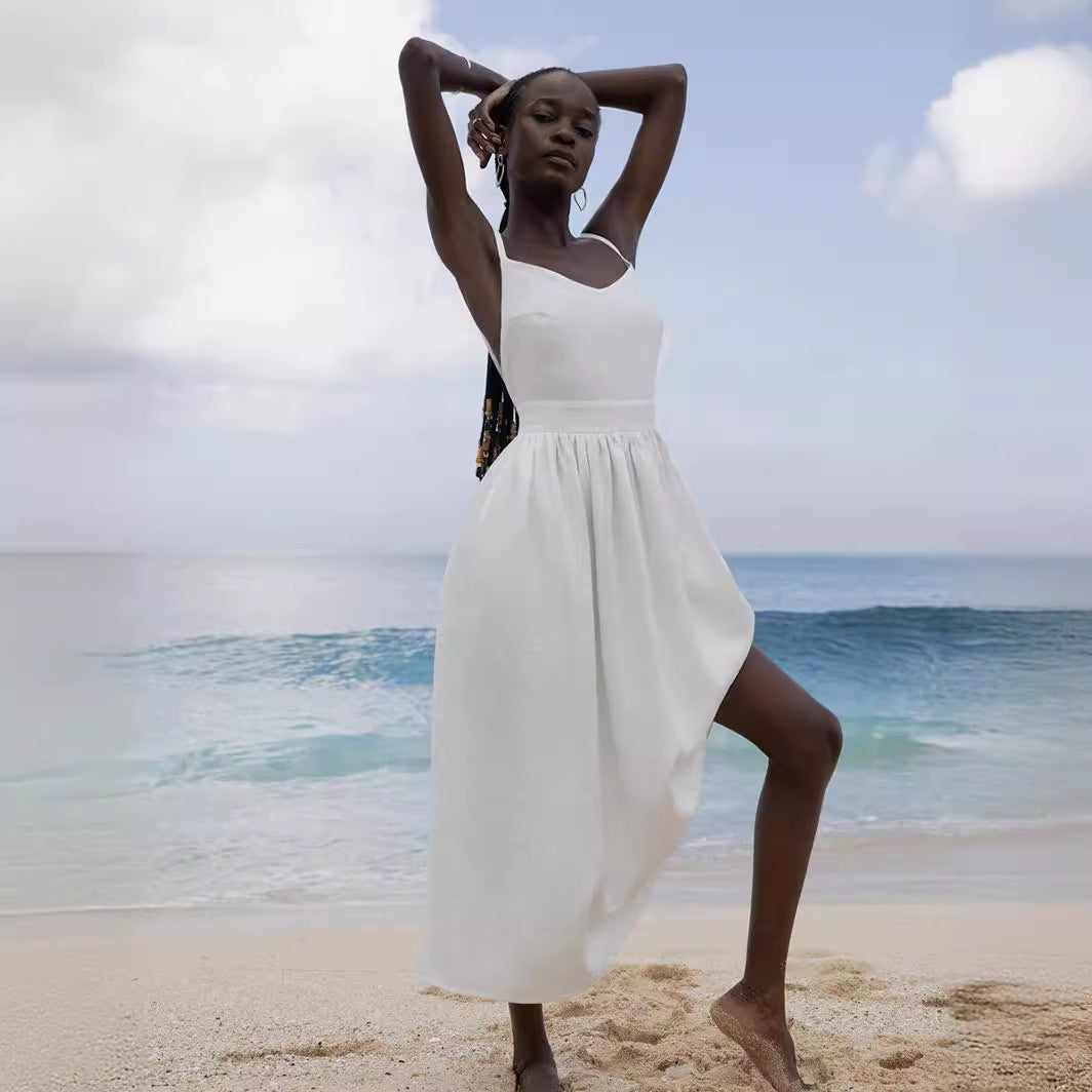 Elegant Linen Strappy Backless Long Dress