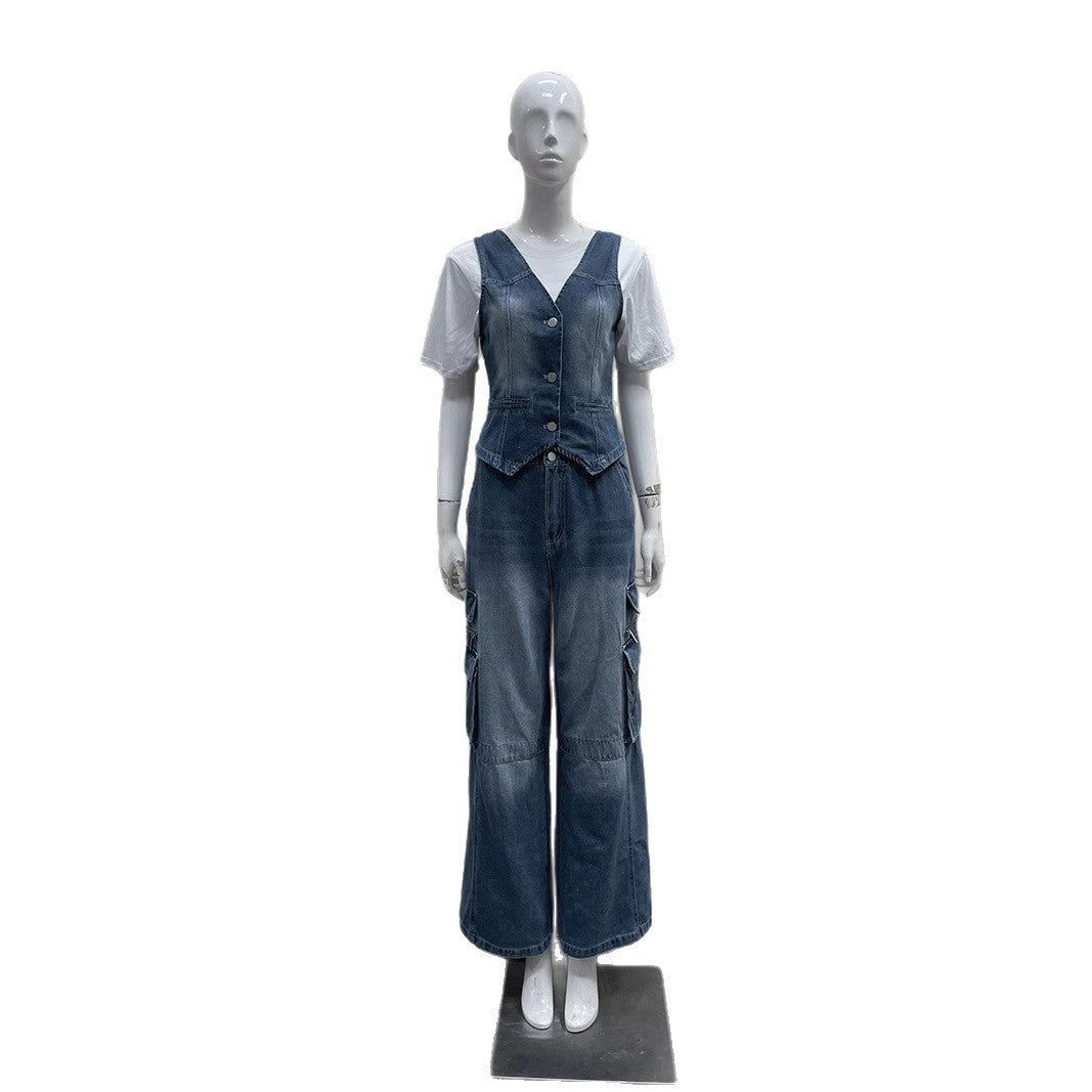 Wide-leg jeans vest-style jacket set for women