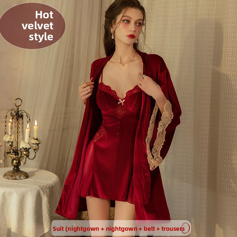Women's Velvet Nightgown with Pads and Lace Trim