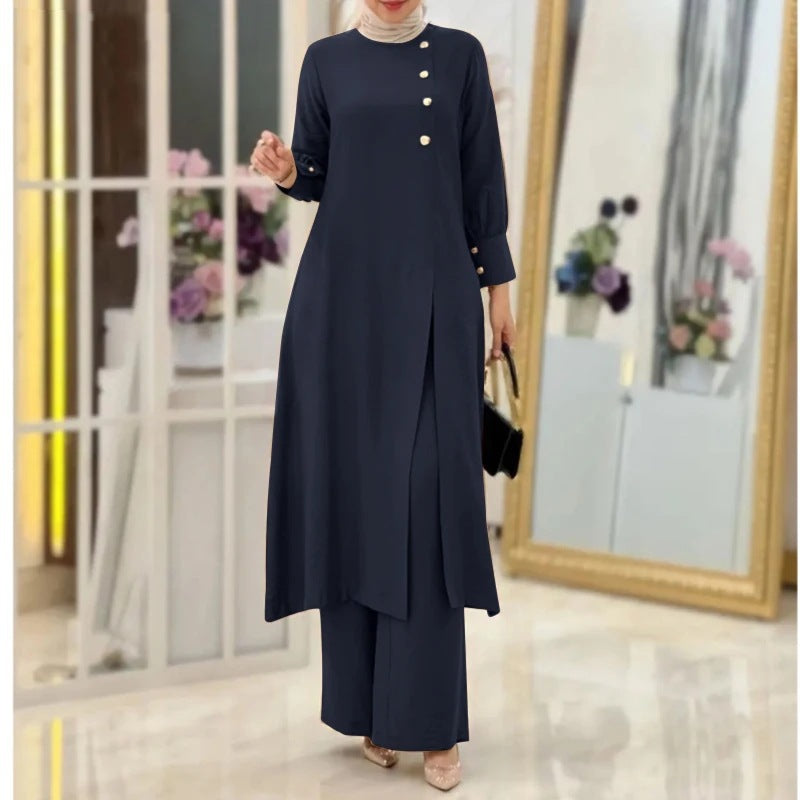 Women's Two-Piece Elegant Long Shirt Wide Leg Pants Set