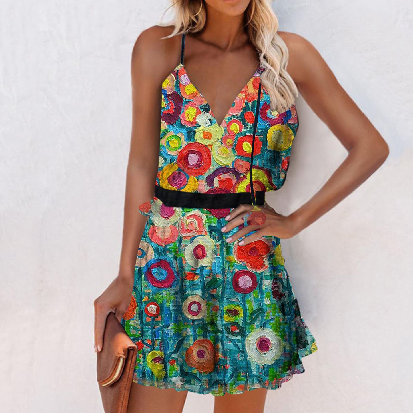 Women's Fashion Short Printed V-Neck Sleeveless Dress