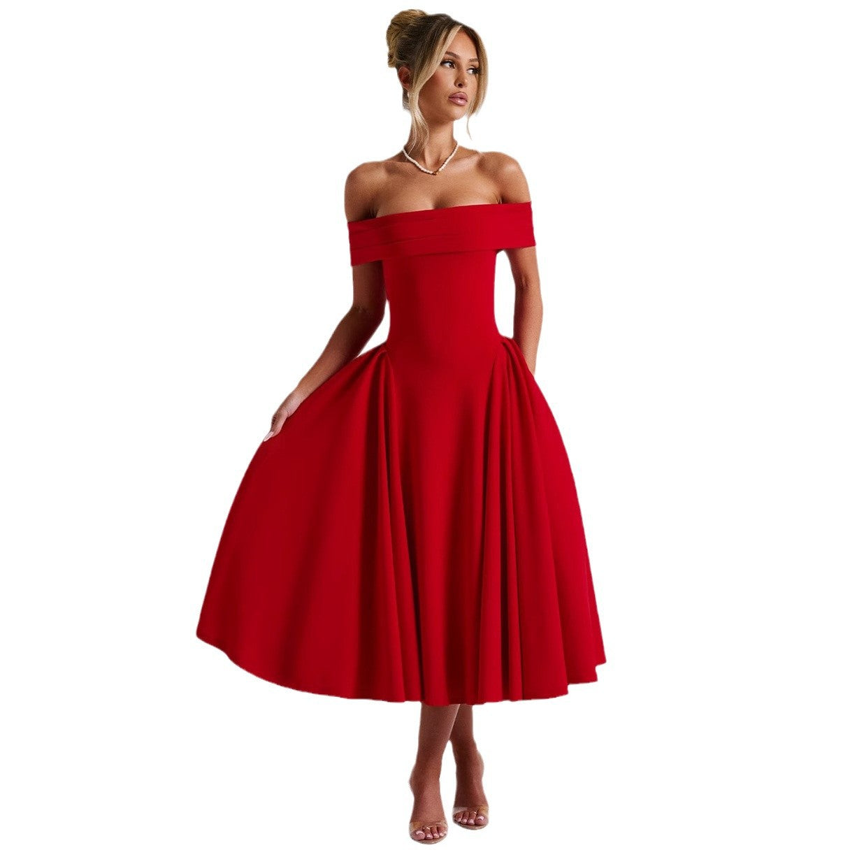 A one-neck backless solid-color strapless dress for women