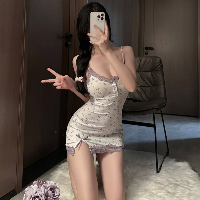 Pure Girl Black Butterfly Lace Modal Sexy Slip Nightgown