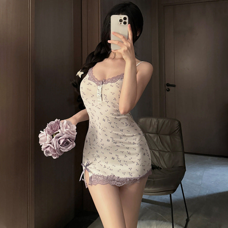 Pure Girl Black Butterfly Lace Modal Sexy Slip Nightgown