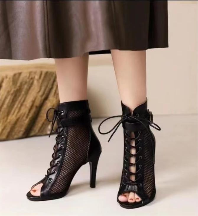 Fashion Fish Mouth Hollow Mesh Cross Lace Buckle High Heel Dance Shoes