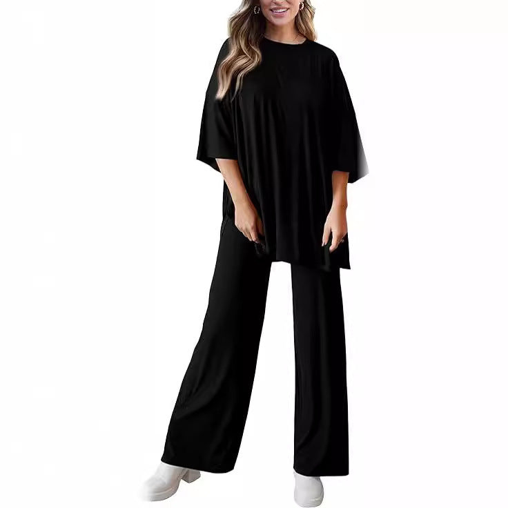 Casual short-sleeved top and wide-leg pants