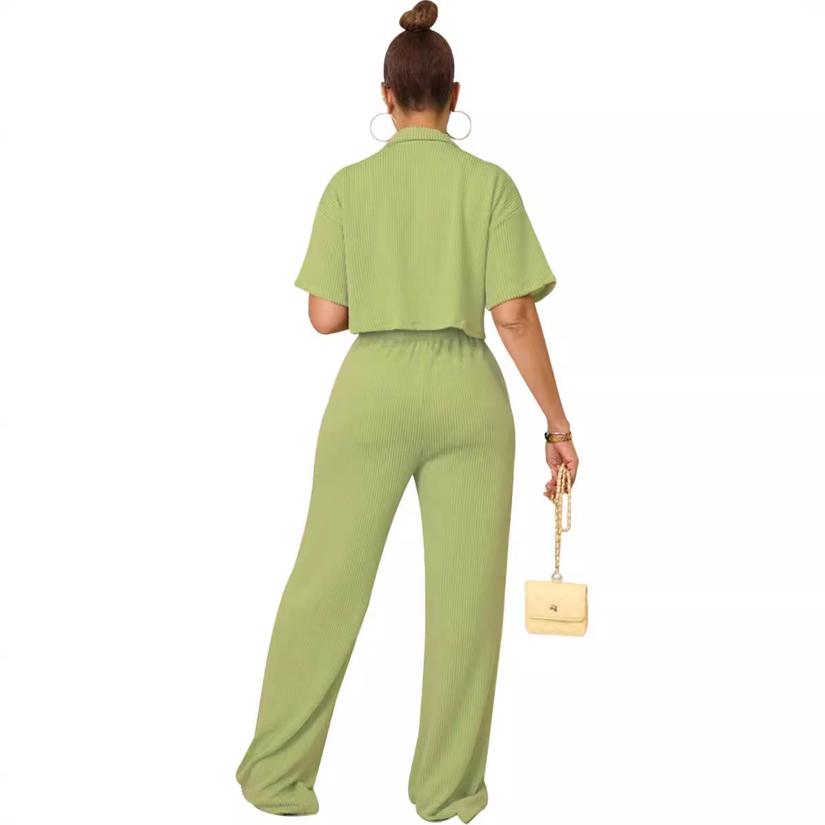 Shirt collar top, long casual wide-leg pants set