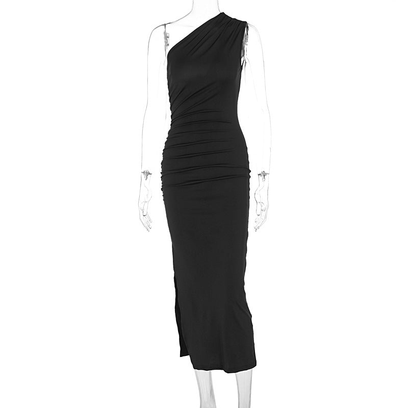 Slightly-sloped shoulder solid-color slit sleeveless dress