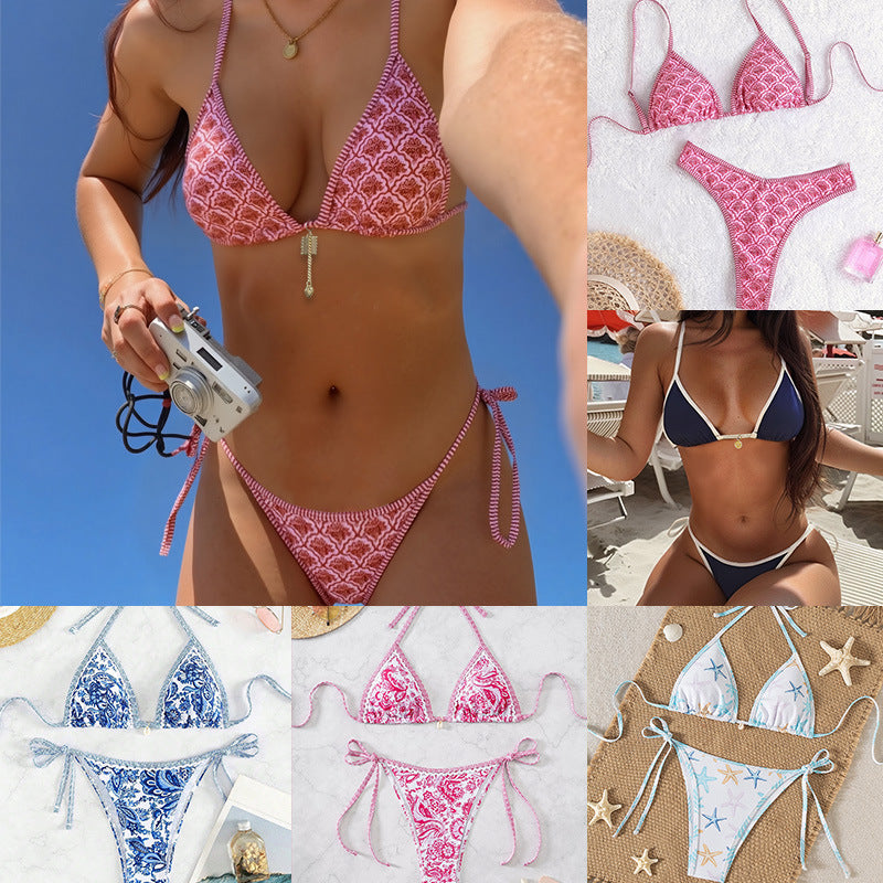 Contrasting-color printed lace-up sexy two-piece swimsuit