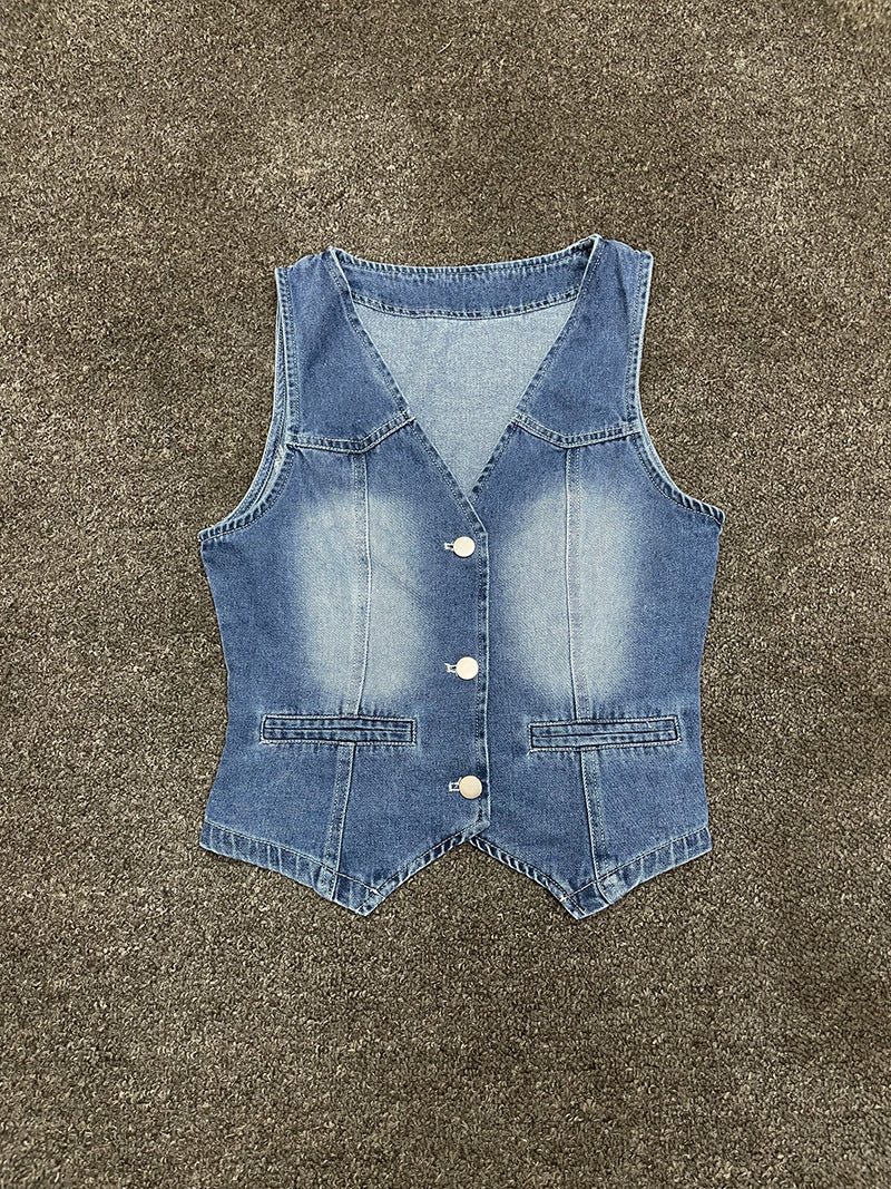 Wide-leg jeans vest-style jacket set for women
