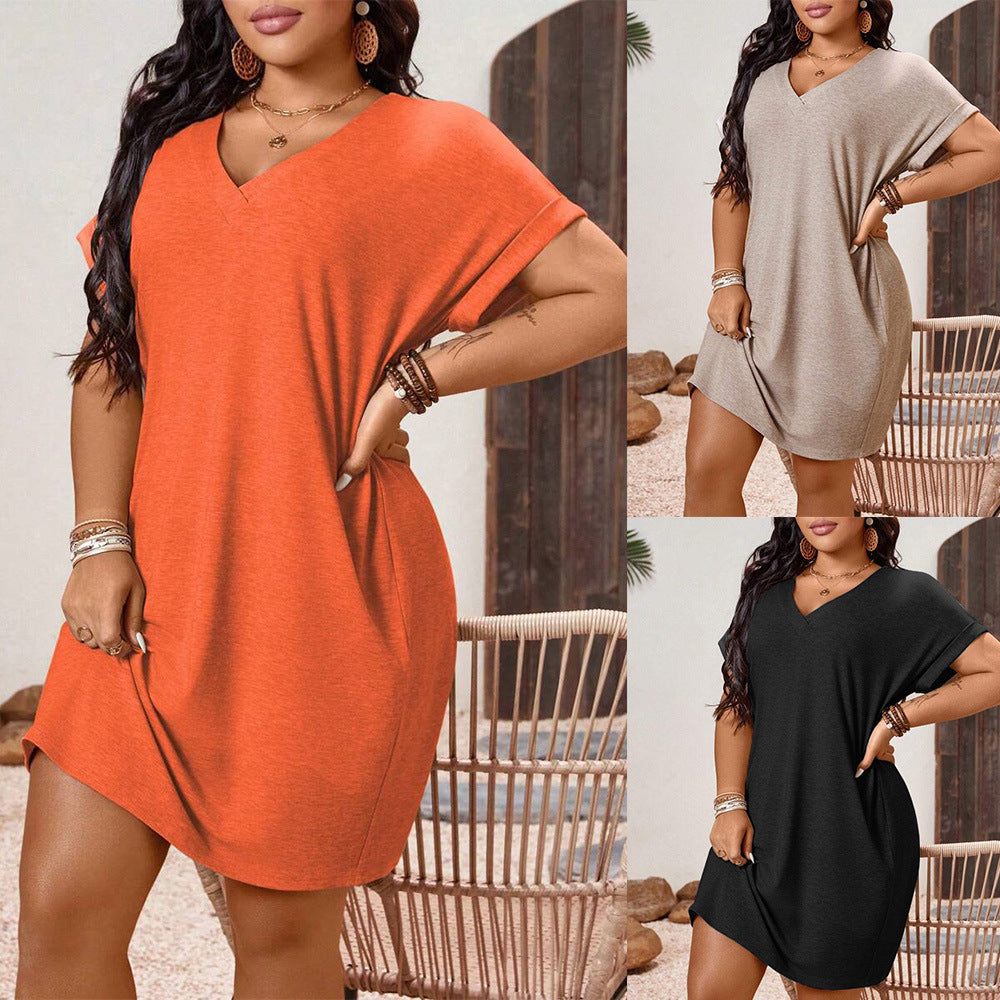 Slim V-Neck Pure Color Short-Sleeved Dress