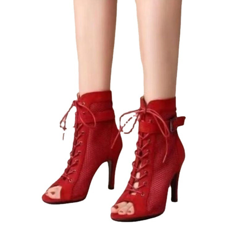 Fashion Fish Mouth Hollow Mesh Cross Lace Buckle High Heel Dance Shoes