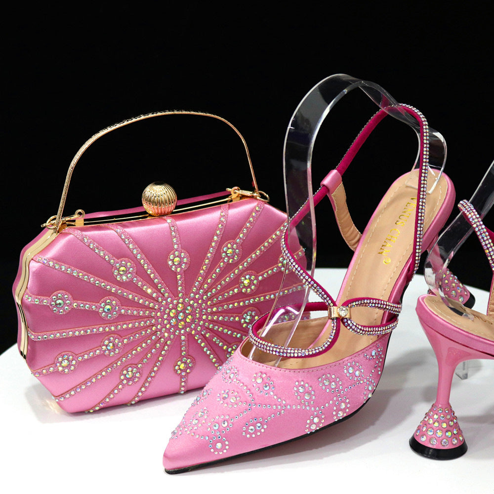 A square box handbag paired with thin-heeled pointed-toe sandals for women