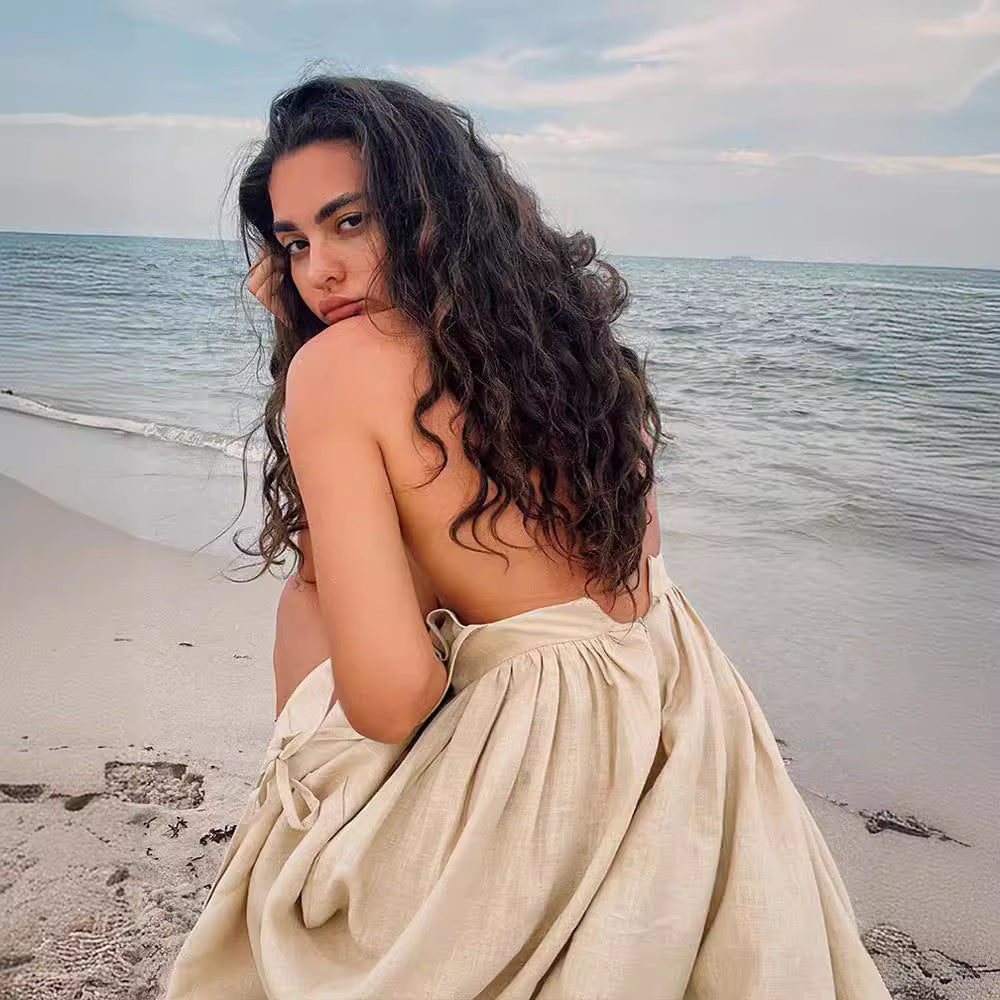 Elegant Linen Strappy Backless Long Dress