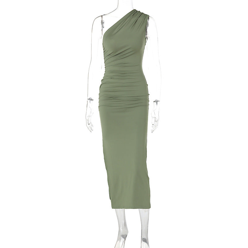 Slightly-sloped shoulder solid-color slit sleeveless dress