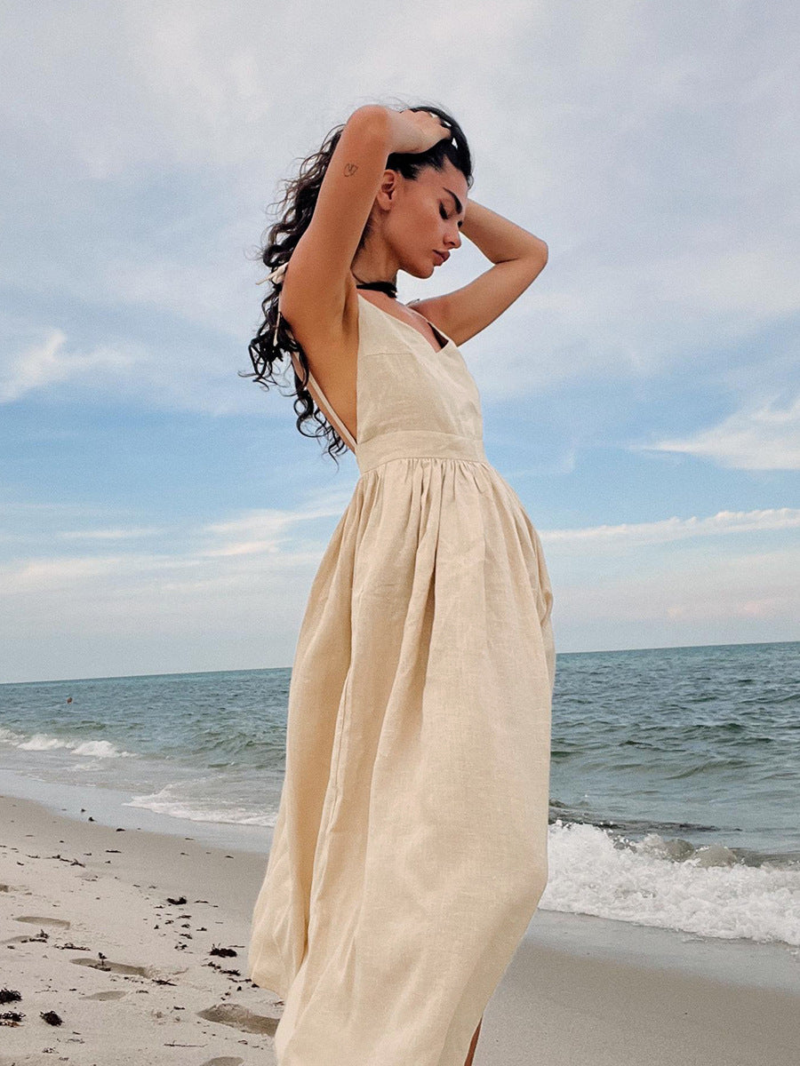 Elegant Linen Strappy Backless Long Dress