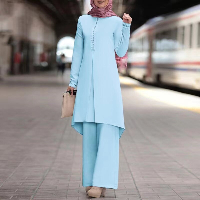Lace long-sleeved top with wide-leg pants set