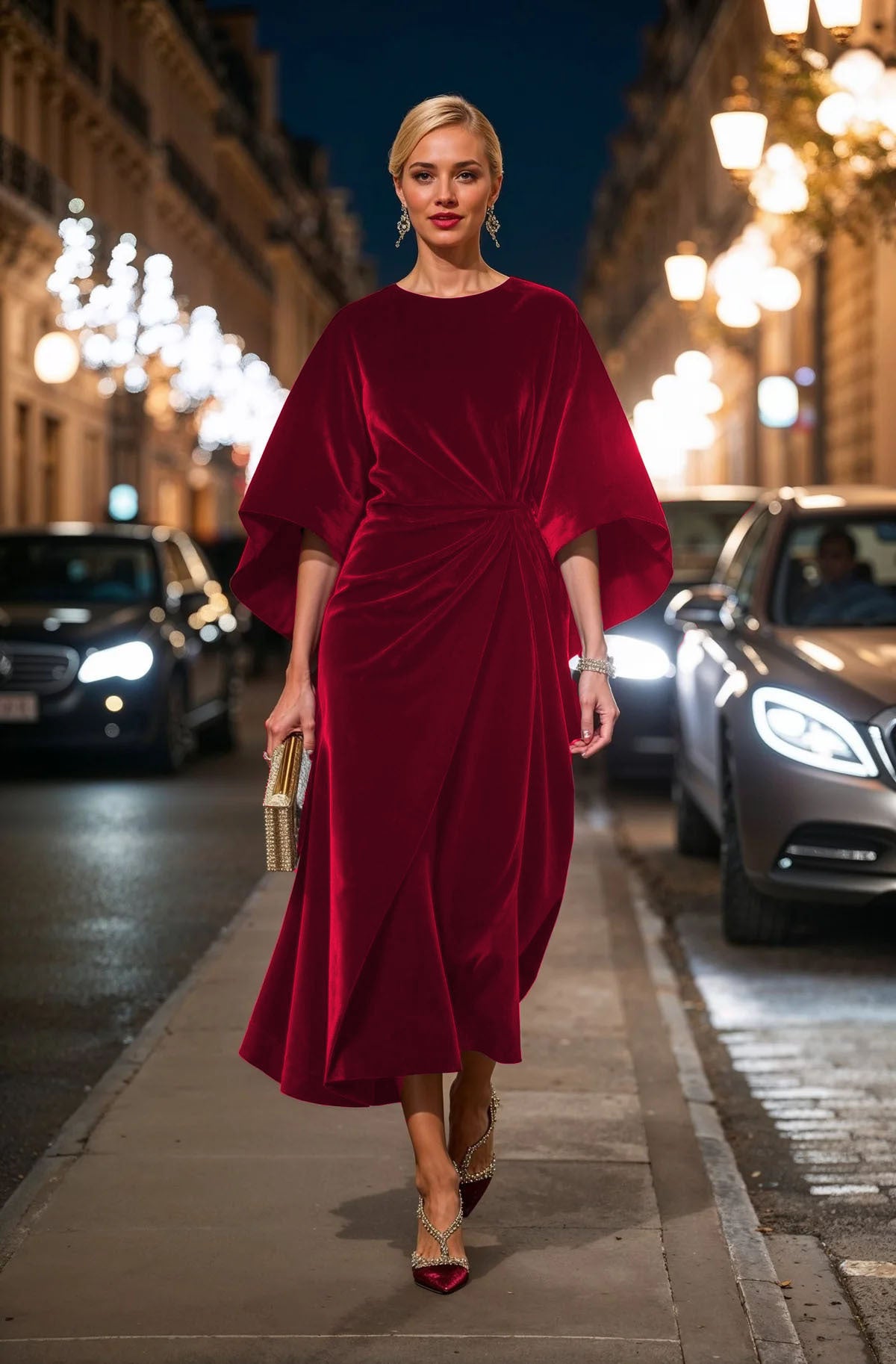 Women's Fashion Elegant Gold Velvet Waist-tight Batwing Sleeve Dress