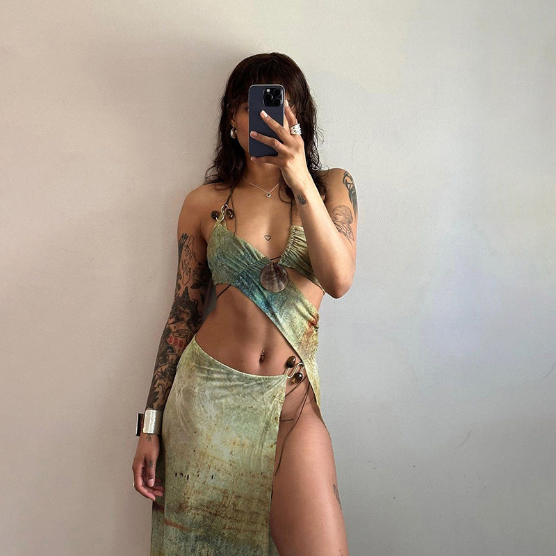 Hanging Neck Navel Lace High Waist Slim Fit dress Women's Clothing