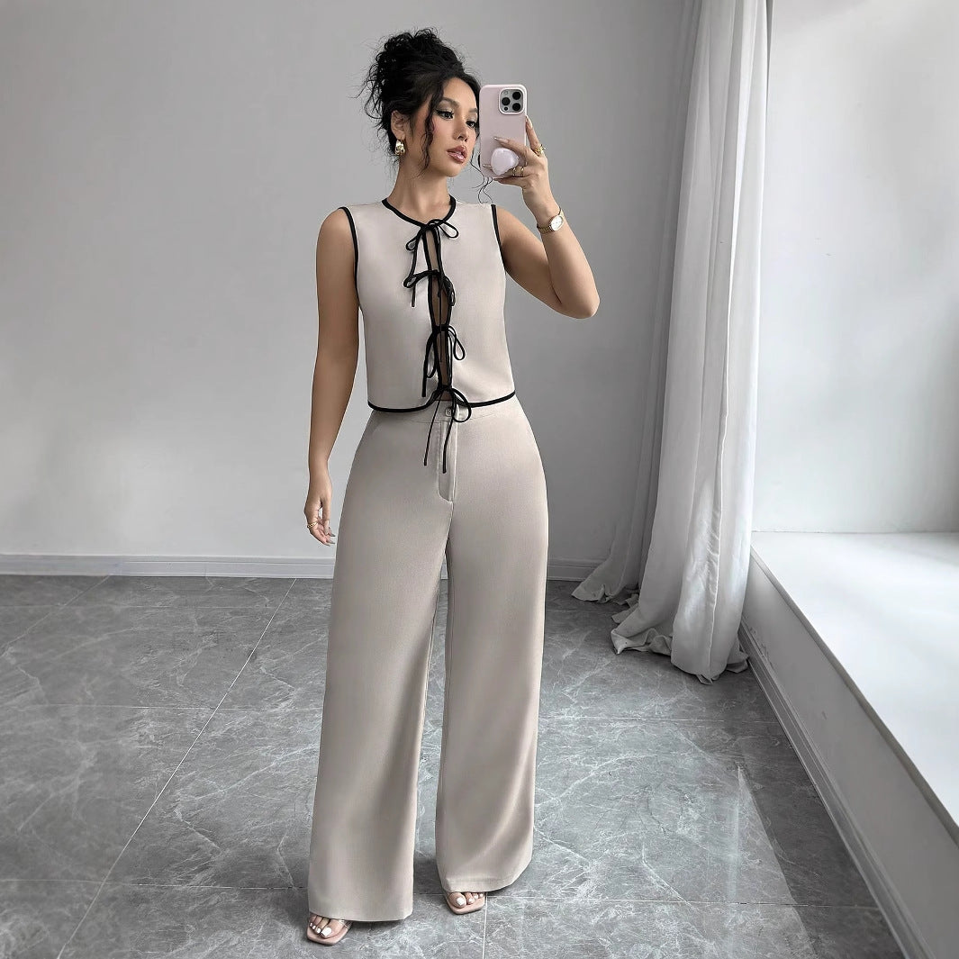 Sleeveless Lace-Up Top Wide-Leg Pants