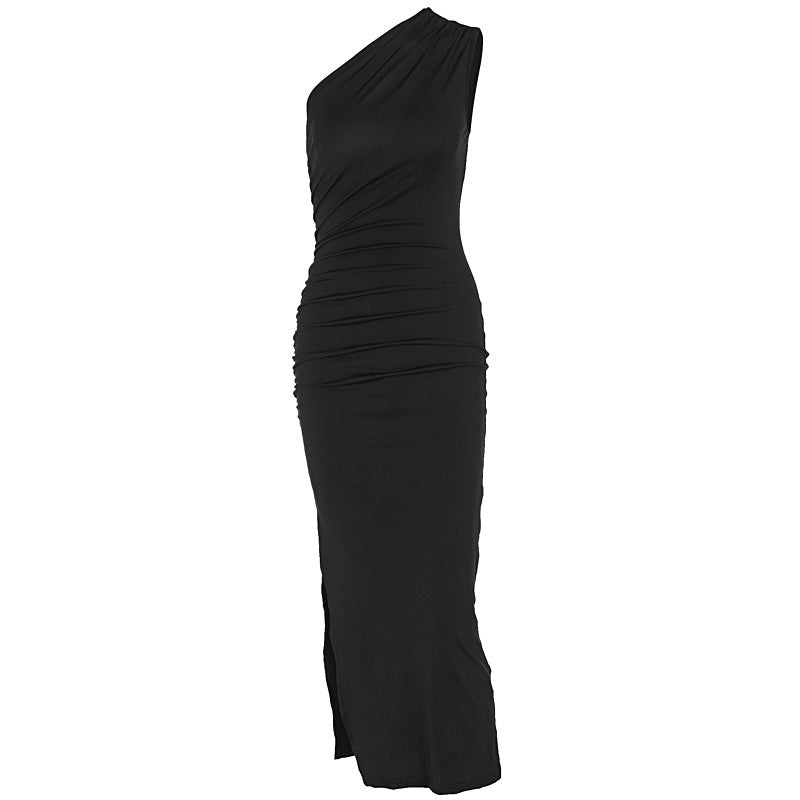 Slightly-sloped shoulder solid-color slit sleeveless dress