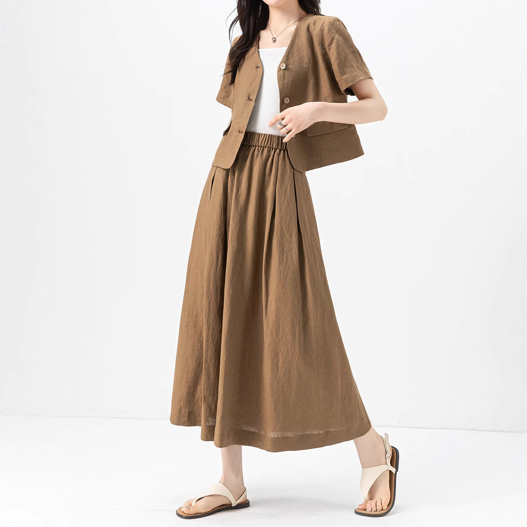 Women's Linen Short-Sleeve Shirt and Skirt Set
