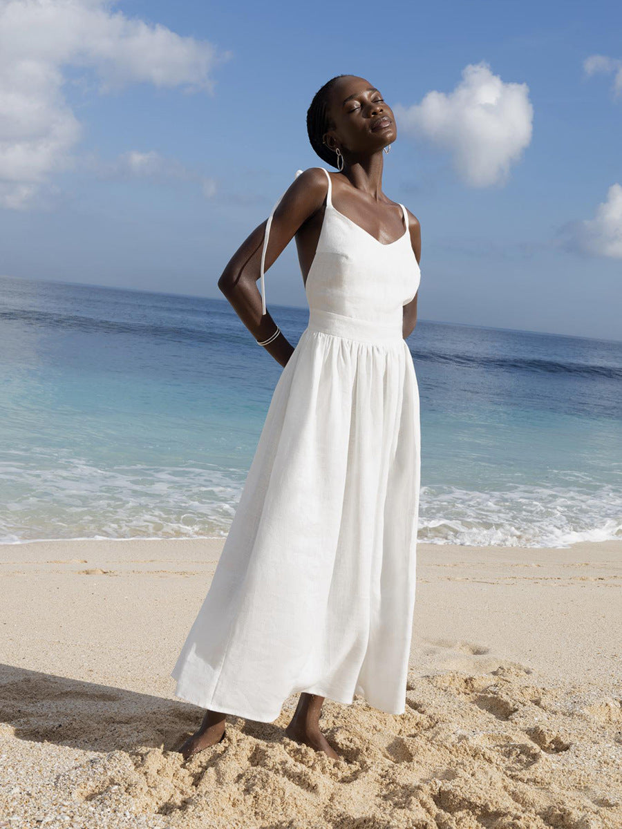 Elegant Linen Strappy Backless Long Dress
