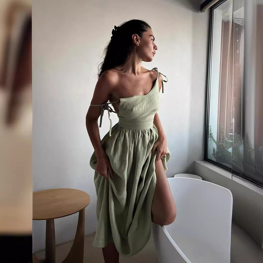 Elegant Linen Strappy Backless Long Dress