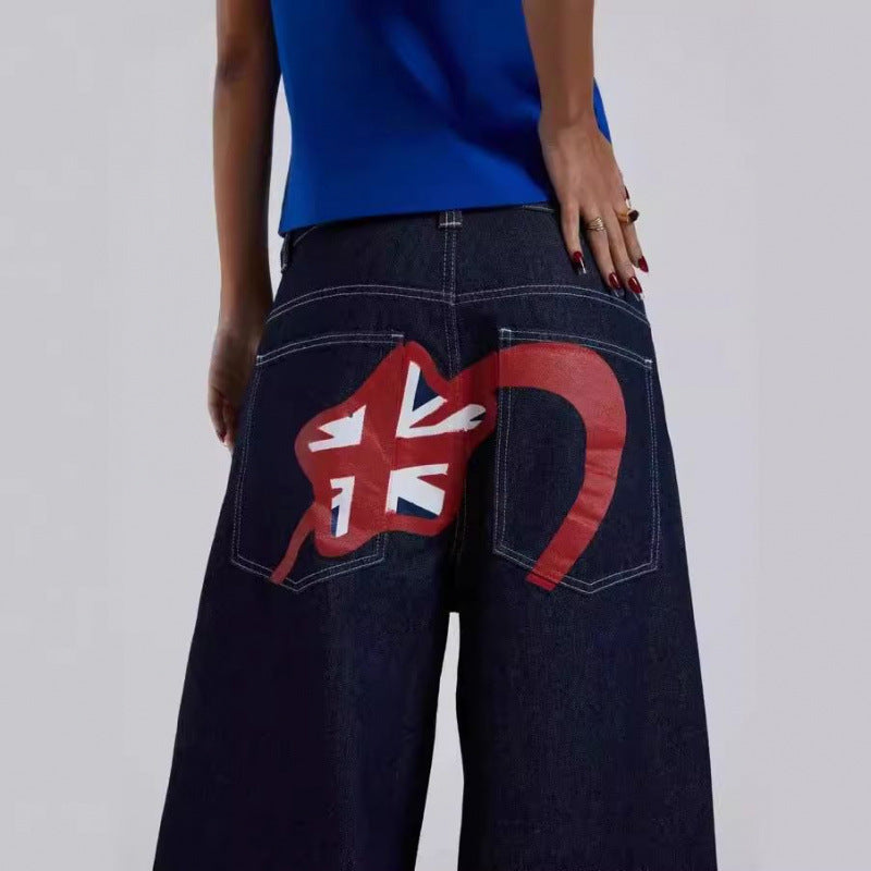Printed offset direct-woven women's straight-leg denim pants