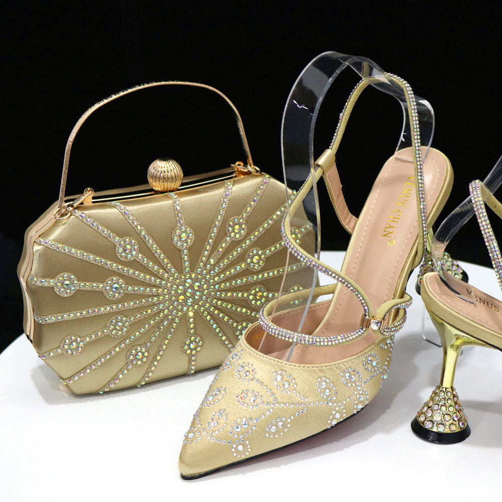 A square box handbag paired with thin-heeled pointed-toe sandals for women