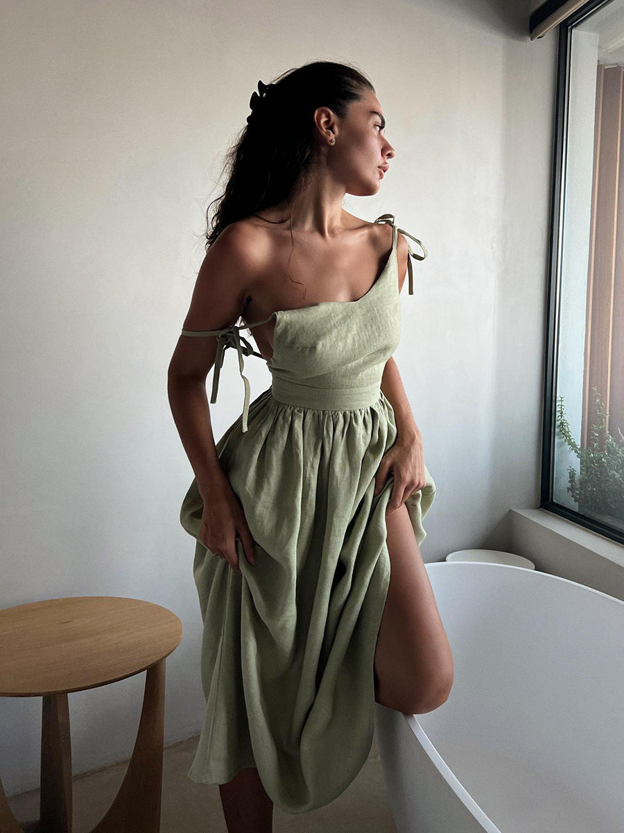 Elegant Linen Strappy Backless Long Dress