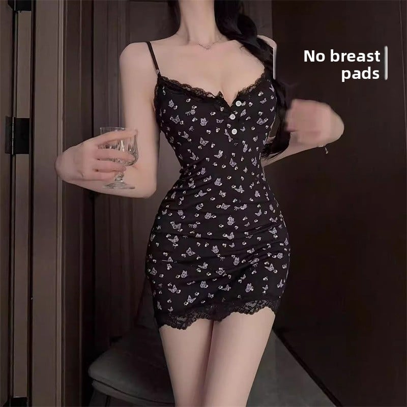 Pure Girl Black Butterfly Lace Modal Sexy Slip Nightgown