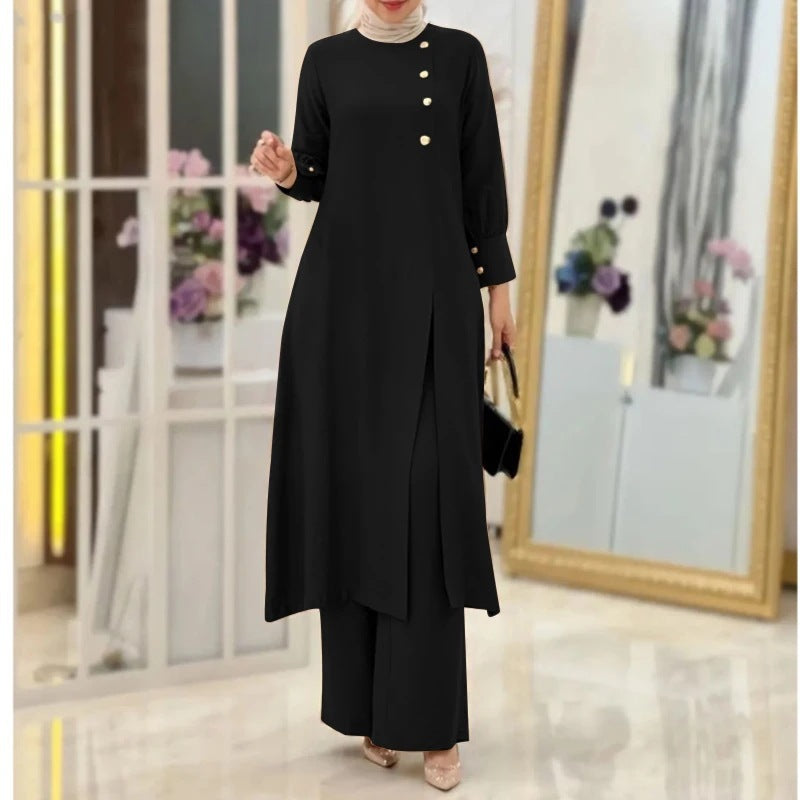 Women's Two-Piece Elegant Long Shirt Wide Leg Pants Set
