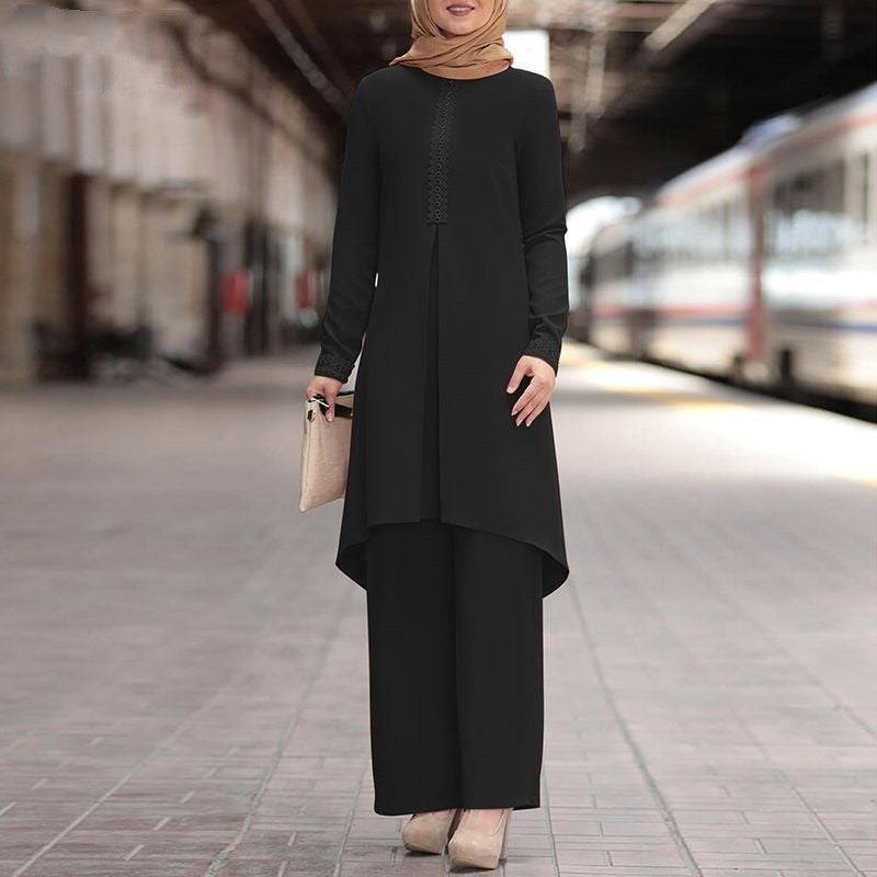 Lace long-sleeved top with wide-leg pants set