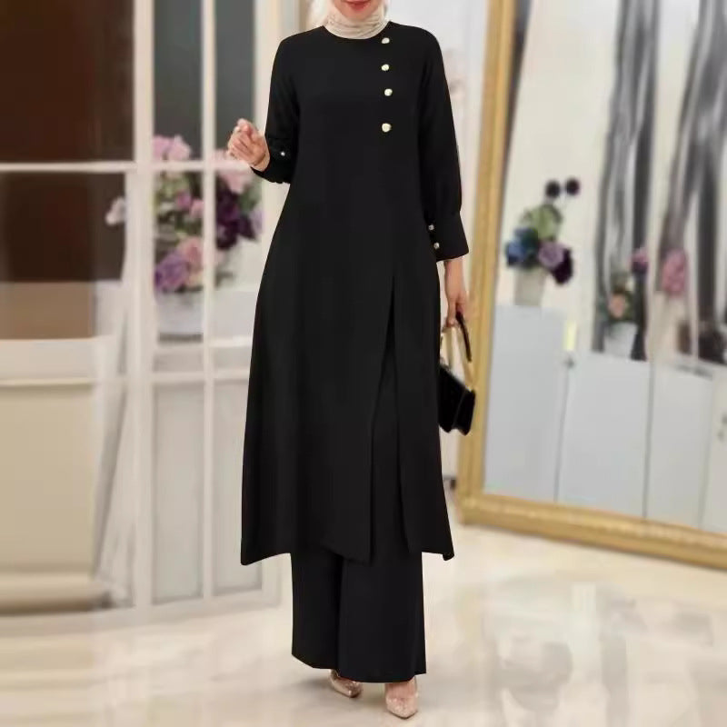 Women's Two-Piece Elegant Long Shirt Wide Leg Pants Set