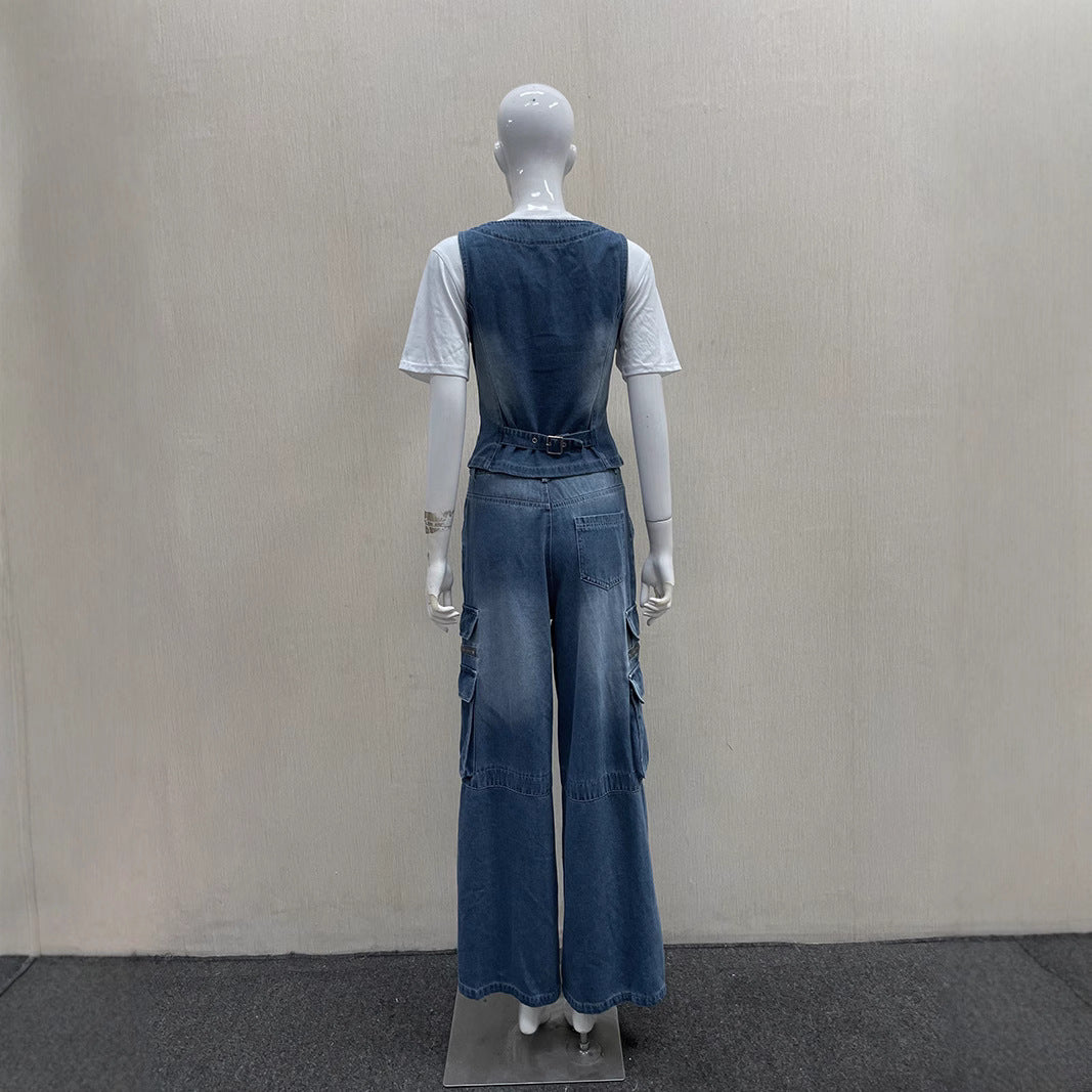 Wide-leg jeans vest-style jacket set for women