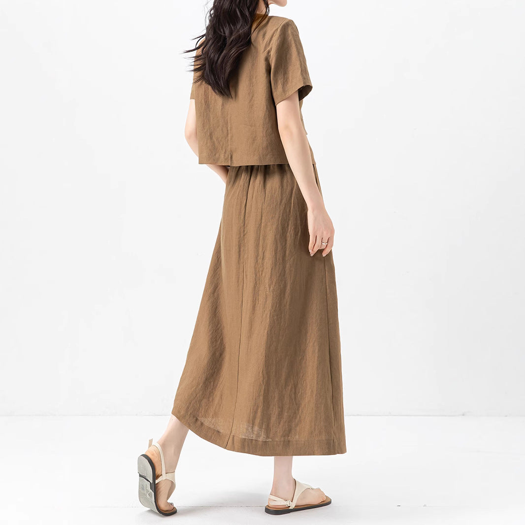 Women's Linen Short-Sleeve Shirt and Skirt Set