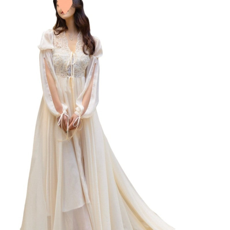 Retro Lace Long Tail Dress with Bubble Sleeves
