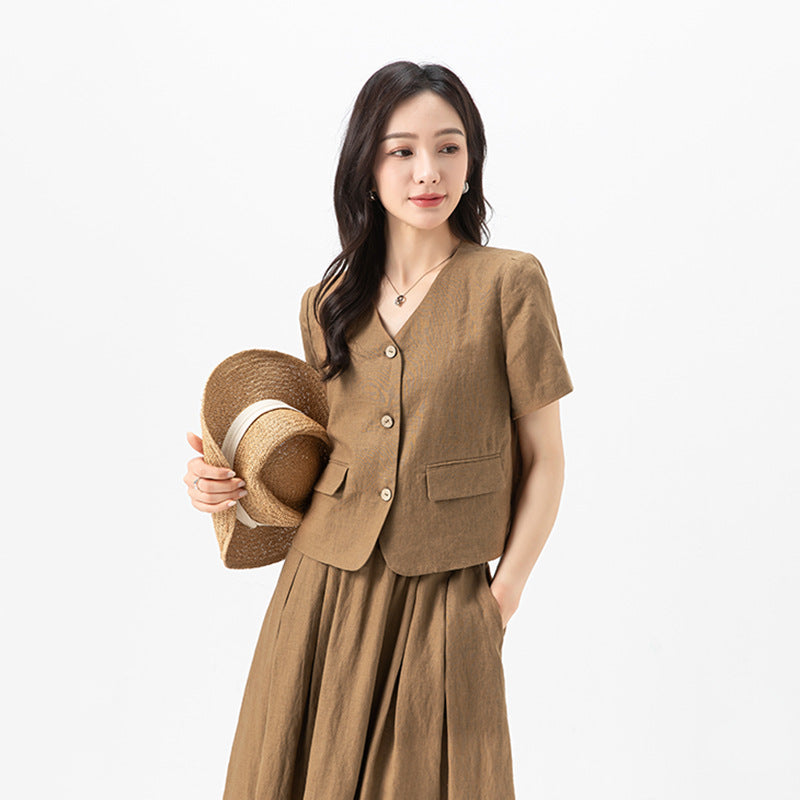 Women's Linen Short-Sleeve Shirt and Skirt Set